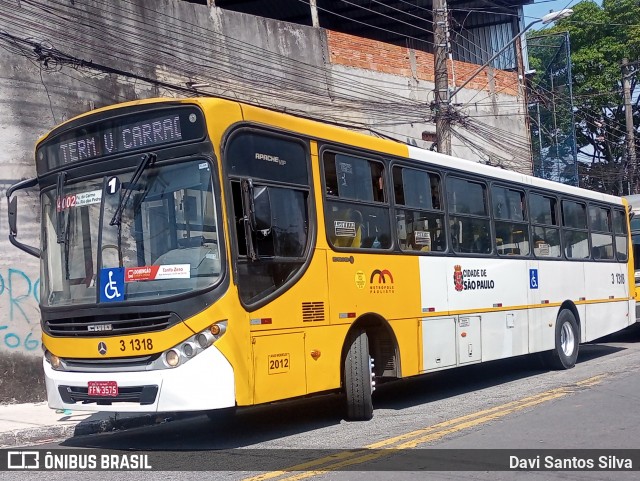 Viação Metrópole Paulista - Zona Leste 3 1318 na cidade de São Paulo, São Paulo, Brasil, por Davi Santos Silva. Número da foto: #12490641.