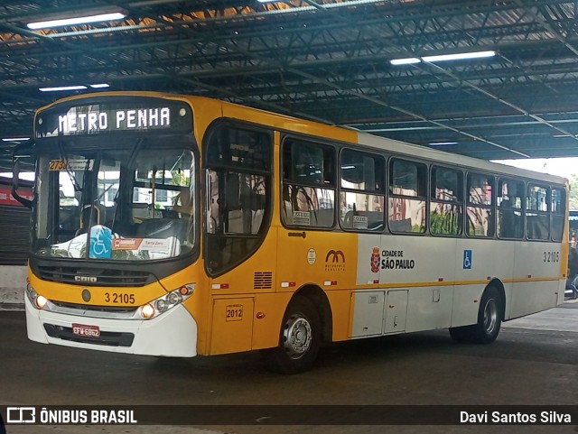 Viação Metrópole Paulista - Zona Leste 3 2105 na cidade de São Paulo, São Paulo, Brasil, por Davi Santos Silva. Número da foto: #12518033.