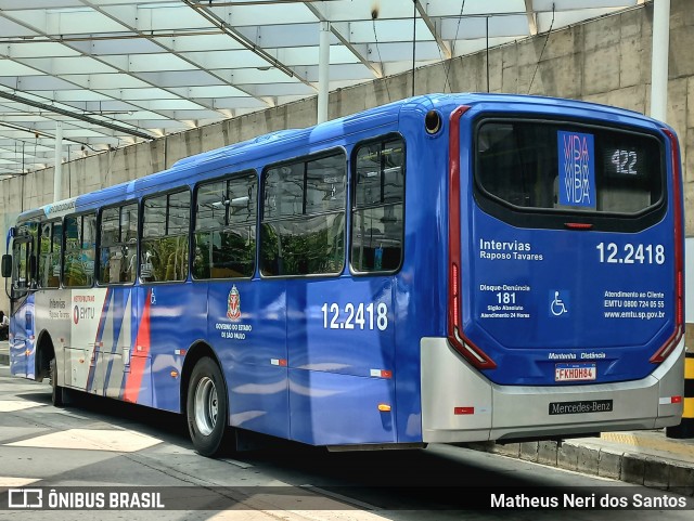 Auto Viação Bragança Metropolitana > Viação Raposo Tavares 12.2418 na cidade de São Paulo, São Paulo, Brasil, por Matheus Neri dos Santos. Número da foto: #12568648.