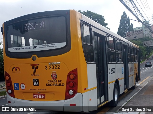 Viação Metrópole Paulista - Zona Leste 3 2322 na cidade de São Paulo, São Paulo, Brasil, por Davi Santos Silva. Número da foto: #12654282.