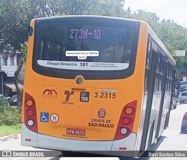 Viação Metrópole Paulista - Zona Leste 3 2315 na cidade de São Paulo, São Paulo, Brasil, por Davi Santos Silva. Número da foto: #12610214.