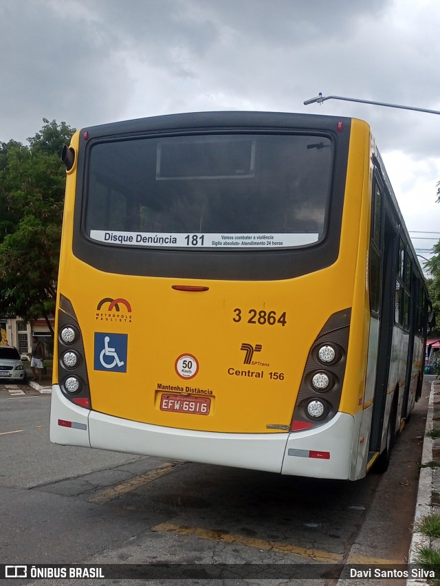 Viação Metrópole Paulista - Zona Leste 3 2864 na cidade de São Paulo, São Paulo, Brasil, por Davi Santos Silva. ID da foto: 11891526.