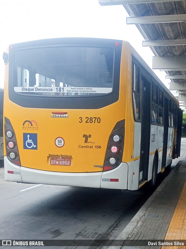 Viação Metrópole Paulista - Zona Leste 3 2870 na cidade de São Paulo, São Paulo, Brasil, por Davi Santos Silva. Número da foto: #11929578.