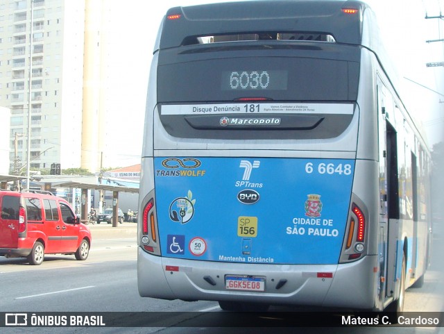 Transwolff Transportes e Turismo 6 6648 na cidade de São Paulo, São Paulo, Brasil, por Mateus C.  Cardoso. Número da foto: #12061357.