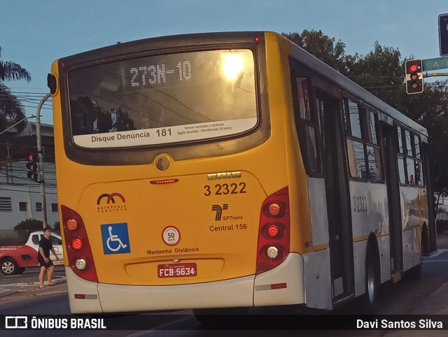 Viação Metrópole Paulista - Zona Leste 3 2322 na cidade de São Paulo, São Paulo, Brasil, por Davi Santos Silva. Número da foto: #12091452.
