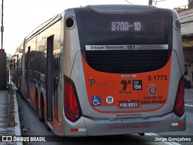 TRANSPPASS - Transporte de Passageiros 8 1773 na cidade de São Paulo, São Paulo, Brasil, por Jorge Gonçalves. Número da foto: #12255912.
