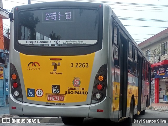 Viação Metrópole Paulista - Zona Leste 3 2263 na cidade de São Paulo, São Paulo, Brasil, por Davi Santos Silva. Número da foto: #12423155.